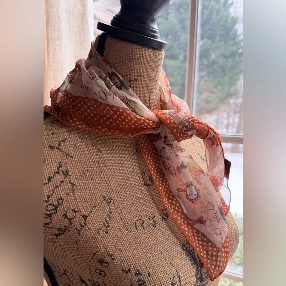 Orange Polka Dot and more print silk Scarf.